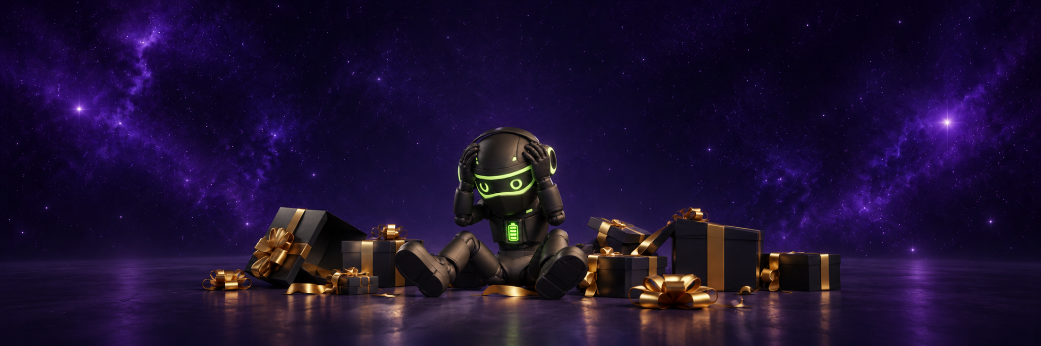 Robot4Jo sitting among gifts under a purple starry sky